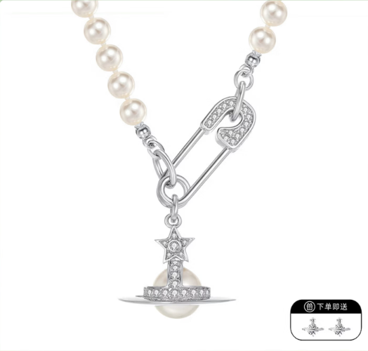041 Vivienne Westwood Pearl Necklace , Zircon meteorite pendant pin design